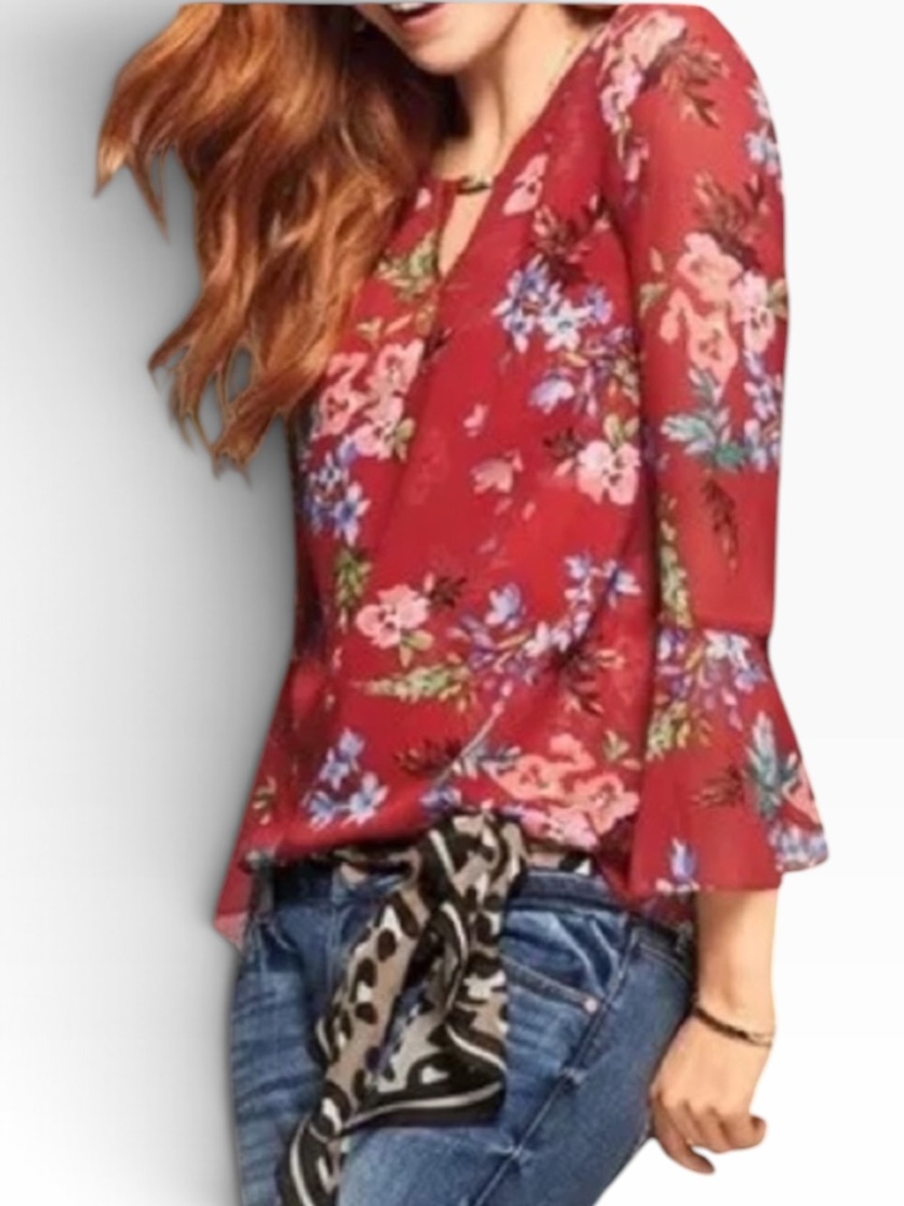 CAbi Red Floral Blue Sleeve Devoted Blouse #3590 M